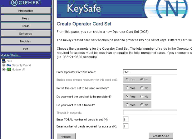 nCipher KeySafe utility displaying the Create Operator Card Set window